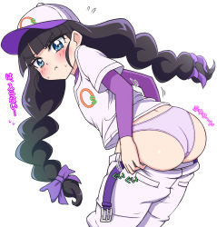 Rule 34 | 1girl, baseball cap, black hair, blue eyes, blunt bangs, blush, braid, clothes pull, commentary request, delicious party precure, fuji hyorone, hat, kasai amane, long hair, panties, pants, pants pull, pout, precure, purple panties, shirt under shirt, solo, twin braids, underwear, white background