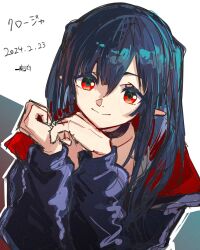 Rule 34 | 1girl, arknights, black choker, black hair, black jacket, blush, choker, closed mouth, closure (arknights), collarbone, commentary, dated, grey background, hair between eyes, hands up, harukan tiusu, highres, jacket, long hair, long sleeves, looking at viewer, pointy ears, puffy long sleeves, puffy sleeves, red eyes, sketch, smile, solo, two-tone background, two side up, upper body, white background