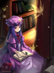 Rule 34 | 1girl, book, bookshelf, bug, butterfly, crescent, dress, female focus, glasses, hair ribbon, hat, bug, library, long hair, patchouli knowledge, purple eyes, purple hair, ribbon, rifsom, solo, touhou, voile