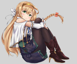 Rule 34 | 1girl, atelier (series), atelier ryza, atelier ryza 1, blush, boots, bow, braid, breasts, chobbi, from side, frown, full body, green eyes, grey background, hair ornament, hairband, klaudia valentz, light brown hair, long hair, looking at viewer, medium breasts, orange bow, pantyhose, simple background, sitting, solo, white bow