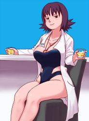 Rule 34 | 1girl, between breasts, breasts, cleavage, creatures (company), drink, game freak, glass, half-closed eyes, highres, jewelry, kamisuki, lab coat, large breasts, looking at viewer, necklace, nintendo, philena ivy, pokemon, pokemon (anime), purple hair, short hair, sitting, smile, solo