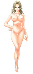 Rule 34 | 1girl, barefoot, blonde hair, breasts, closed mouth, collarbone, completely nude, expressionless, eyebrows, female focus, full body, green eyes, groin, hair intakes, hand on own hip, helter skelter, highres, kagami fubuki, large breasts, legs together, long hair, looking at viewer, navel, nipples, no pussy, nude, orimiya mai, simple background, solo, standing, thigh gap, white background