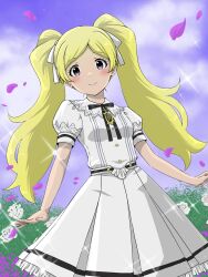 Rule 34 | 1girl, black ribbon, blonde hair, blush, breasts, brooch, bush, buttons, cloud, cloudy sky, collar, collared shirt, cowboy shot, day, dot nose, dress, emily stewart, eyelashes, flower, hair ribbon, highres, idolmaster, idolmaster million live!, idolmaster million live! theater days, jewelry, lace, lace-trimmed collar, lace-trimmed shirt, lace-trimmed skirt, lace trim, light smile, long hair, looking at viewer, matcha kingyo, official alternate costume, parted bangs, petals, pleated skirt, purple flower, ribbon, school uniform, shirt, short sleeves, sidelocks, skirt, sky, small breasts, solo, sparkle, st. million girls&#039; academy, standing, white collar, white dress, white flower, white ribbon