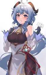 Rule 34 | 1girl, ahoge, bare shoulders, bell, black pantyhose, blue gloves, blue hair, blush, breasts, chinese knot, detached sleeves, eating flower, ebipote3, flower, flower knot, ganyu (genshin impact), genshin impact, gloves, gold trim, highres, holding, holding flower, horns, long hair, looking at viewer, medium breasts, multicolored eyes, neck bell, pantyhose, petals in mouth, sidelocks, solo, tassel, thighlet, vision (genshin impact), white flower, white sleeves