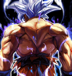 Rule 34 | 1boy, arms at sides, aura, back, dougi, dragon ball, dragon ball super, from behind, grey hair, kouji08250, male focus, muscular, muscular male, solo, son goku, spiked hair, topless male, torn clothes, ultra instinct
