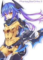 Rule 34 | 1girl, arm blade, arm blade, armor, blue hair, blush, bodysuit, breasts, covered navel, female focus, gradient hair, groin, highres, looking at viewer, multicolored hair, open mouth, phantasy star, phantasy star online 2, quna (pso2), solo, weapon, yellow eyes, yosugara shou, zelsius