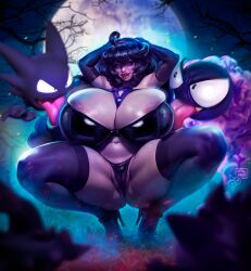 Rule 34 | 1girl, areola slip, arms up, big hair, black bra, black panties, blush, bra, breasts, cameltoe, cleft of venus, creatures (company), elbow gloves, full body, full moon, game freak, gastly, gen 1 pokemon, gigantic breasts, gloves, grass, hair between eyes, hairband, haunter, hex maniac (pokemon), high heels, highleg, highleg panties, highres, huge areolae, licking, long tongue, mister69m, moon, nintendo, nose blush, o-ring, outdoors, panties, pokemon, pokemon (creature), pokemon xy, purple eyes, purple hairband, realistic, shiny clothes, smile, solo, squatting, thick lips, thighhighs, tongue, underwear, veins, veiny breasts