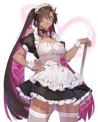 Rule 34 | 1girl, black hair, blue nails, breasts, cleavage, frills, hair over one eye, hand on own hip, highres, horns, large breasts, long hair, looking at viewer, maid, maid headdress, multicolored hair, nail polish, original, parted lips, purple hair, solo, standing, thighhighs, twintails, twitter username, two-tone hair, type-alpha, very long hair, white thighhighs, yellow eyes