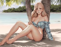Rule 34 | 1girl, absurdres, against tree, bare shoulders, barefoot, beach, blonde hair, bottomless, breasts, cleavage, cleft of venus, dappled sunlight, day, forehead, front-tie top, grey eyes, hair over one eye, highres, huge filesize, i0525, lips, long hair, medium breasts, naked shirt, no bra, ocean, original, outdoors, palm tree, plaid, plaid shirt, pussy, shade, shirt, sitting, solo, sunlight, toes, tree, wavy hair