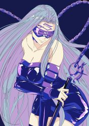 Rule 34 | 1girl, absurdres, blindfold, blue background, covered eyes, facial mark, fate/stay night, fate (series), forehead, forehead mark, highres, long hair, medusa (fate), medusa (rider) (fate), nameless dagger (fate), purple hair, simple background, solo, very long hair, xtango