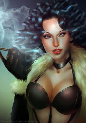 Rule 34 | 1girl, alabasta, breasts, cleavage, curly hair, female focus, fur trim, gloves, highres, jacket, midriff, miss doublefinger, one piece, paula (one piece), smoking, smoking pipe, solo, sweeetrazzbery
