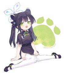 Rule 34 | 1girl, animal ears, black dress, black footwear, black hair, blue archive, blue halo, china dress, chinese clothes, dress, fang, full body, green eyes, halo, highres, long hair, niko (nikooo2016), open mouth, shoes, short sleeves, shun (blue archive), shun (small) (blue archive), skin fang, smile, solo, thighhighs, tiger ears, twitter username, white thighhighs