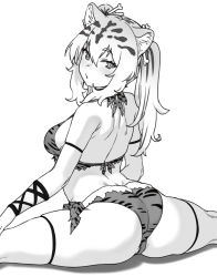 Rule 34 | 1girl, animal ears, ass, bare shoulders, bone hair ornament, breasts, from behind, greyscale, hair ornament, highres, houtengeki, looking at viewer, looking back, medium breasts, medium hair, monochrome, original, solo, split, spread legs, thigh strap, thighs, white background