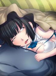 Rule 34 | 10s, 1girl, arm ribbon, bare shoulders, bed sheet, black hair, blank eyes, blue shirt, bow, breasts, cleavage, cleavage cutout, clothing cutout, commentary request, couch, derivative work, dress, drooling, dungeon ni deai wo motomeru no wa machigatteiru darou ka, female focus, gloves, hair ornament, hair ribbon, hestia (danmachi), large breasts, long hair, matsumoto tomoyohi, on couch, photo-referenced, reference photo, reference work, rei no himo, ribbon, shirt, short dress, sleeping, sleeping on person, sleeveless, sleeveless dress, solo, tongue, tongue out, twintails, white dress