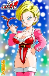 Rule 34 | 1girl, absurdres, android 18, ass, blonde hair, blue eyes, breasts, christmas, covered erect nipples, dragon ball, dragon ball gt, english text, female focus, highres, japanese text, large breasts, short hair, swimsuit, text focus, translation request, yamamoto doujin