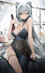Rule 34 | 1girl, animal ears, arknights, black choker, black dress, bottle, breasts, cat ears, cat tail, choker, dress, earclip, eyyy, grey hair, groin, highres, holding, holding bottle, large breasts, long hair, looking at viewer, schwarz (arknights), solo, tail, thigh strap, yellow eyes