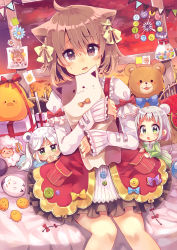 Rule 34 | &gt;:), 3girls, :3, :d, ^ ^, absurdres, ahoge, animal ears, bag, bird, black skirt, blush, blush stickers, bow, box, brown eyes, brown hair, candy, cat ears, chestnut mouth, chick, closed eyes, drawing (object), dress, dutch angle, food, frilled sleeves, frills, fruit, gift, gift box, green dress, green eyes, grey hair, hair ribbon, highres, hugging object, jitome, long sleeves, looking at viewer, lying, mini person, minigirl, mouse ears, mouse tail, multiple girls, niikura kaori, on stomach, open mouth, orange bow, original, own hands together, plastic bag, pleated skirt, puffy short sleeves, puffy sleeves, ribbon, short hair, short sleeves, sitting, skirt, sleeves past wrists, smile, solid circle eyes, stuffed animal, stuffed cat, stuffed sheep, stuffed toy, sunset, sweatdrop, tail, tape, tears, teddy bear, v-shaped eyebrows, watermelon, yellow ribbon