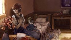 Rule 34 | anju, bed, blue eyes, blue flower, blue rose, bouquet, box, dress, flower, highres, indoors, jewelry, letter, long skirt, mask, neaze, necklace, nintendo, on bed, pillow, pointy ears, puffy sleeves, red hair, rose, sitting, skirt, solo, the legend of zelda, the legend of zelda: majora&#039;s mask, vase, wedding dress