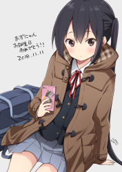Rule 34 | 1girl, arm support, bag, black hair, black jacket, blazer, blush, brown eyes, brown jacket, buttons, cellphone, closed mouth, coat, collared shirt, commentary request, cowboy shot, dated, duffel bag, duffel coat, grey skirt, highres, holding, holding phone, hood, hood down, hooded coat, jacket, k-on!, long hair, long sleeves, looking at viewer, miniskirt, nakano azusa, neck ribbon, open clothes, open jacket, phone, plaid, pleated skirt, ragho no erika, red ribbon, ribbon, sakuragaoka high school uniform, school bag, school uniform, shirt, sidelocks, simple background, sitting, skirt, smartphone, solo, sparkle, translation request, twintails, very long hair, white background, white shirt, wing collar