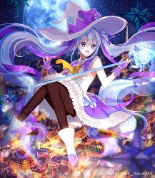 Rule 34 | 1girl, :d, absurdly long hair, artist name, bad id, bad pixiv id, black pantyhose, blue eyes, blue hair, blue nails, blush, breasts, ecu8080, fingerless gloves, floating hair, frilled skirt, frills, full body, full moon, gloves, hair between eyes, hair ribbon, hatsune miku, highres, long hair, moon, nail polish, necktie, night, open mouth, outdoors, pantyhose, purple gloves, purple ribbon, purple skirt, ribbon, shirt, sideboob, skirt, sky, sleeveless, sleeveless shirt, smile, solo, star (sky), starry sky, twintails, very long hair, vocaloid, watermark, white footwear, white shirt, yellow necktie, yuki miku