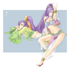 Rule 34 | 1990s (style), 1girl, anklet, armband, armlet, armpits, barefoot, bikini, bikini top only, bow, dancer, dancer (final fantasy), dual persona, faris scherwiz, female focus, final fantasy, final fantasy v, frown, green eyes, hair bow, hair ornament, hair over one eye, jacket, jewelry, loincloth, long hair, lots of jewelry, lying, midriff, mystic knight, ponytail, purple hair, retro artstyle, ribbon, see-through, sitting, solo, swimsuit, toutoumi, vest, yellow ribbon