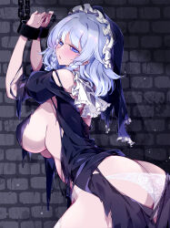 Rule 34 | 1girl, ass, blue eyes, blush, braid, breasts, brick wall, butt crack, capelet, chain, chained, chained wrists, commentary request, cowboy shot, dress, frilled capelet, frilled headwear, frills, grey hair, half-closed eyes, head scarf, highres, izayoi sakuya, large breasts, lips, looking at viewer, medium hair, open mouth, panties, puffy short sleeves, puffy sleeves, raptor7, see-through, short sleeves, solo, torn clothes, torn dress, touhou, twin braids, underboob, underwear, white capelet, white panties