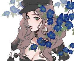 Rule 34 | 1girl, black hat, blue flower, breasts, brown hair, cleavage, dorothea arnault, earrings, fire emblem, fire emblem: three houses, flower, green eyes, hat, jewelry, large breasts, leaf, long hair, looking at viewer, lowres, nintendo, onegingek, open clothes, portrait, signature, simple background, solo, white background
