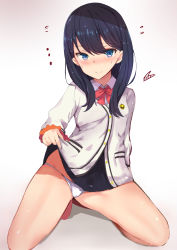 Rule 34 | 10s, 1girl, black hair, blue eyes, blush, bow, bowtie, cardigan, closed mouth, commentary request, gridman universe, heart, highres, kneeling, legs, long sleeves, looking at viewer, muoto, panties, red bow, red bowtie, shirt, short hair, smile, solo, ssss.gridman, takarada rikka, thighs, underwear, white cardigan, white panties, white shirt