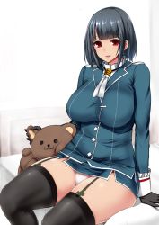 Rule 34 | 10s, 1girl, black gloves, black hair, blush, breasts, female focus, gloves, gradient background, ishimiso (ishimura), kantai collection, large breasts, looking at viewer, microskirt, military, military uniform, no headwear, open mouth, panties, pantyshot, red eyes, short hair, sitting, skirt, smile, solo, takao (kancolle), thighhighs, underwear, uniform