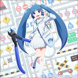 Rule 34 | 1girl, :d, animal ears, bag, blouse, blue eyes, blue hair, blunt bangs, commentary request, fake animal ears, hairband, hand up, head tilt, k-suwabe, kneehighs, long hair, long sleeves, looking at viewer, mascot, neckerchief, nipako, official art, open mouth, oversized object, pleated skirt, rabbit ears, road sign, school uniform, serafuku, shirt, shoes, sign, skirt, smile, socks, solo, standing, standing on one leg, tote bag, traffic cone, twintails, ultimate nipper, uwabaki, v, very long hair, w, watermark, white shirt, white socks, wire cutters