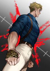 Rule 34 | 1boy, animal print, belt, blonde hair, blue shirt, brown belt, collared shirt, commentary, cowboy shot, feet out of frame, fighting stance, from below, goggles, jujutsu kaisen, large pectorals, leopard print, male focus, muscular, muscular male, nanami kento, necktie, onegingek, pants, pectorals, shirt, short hair, sleeves rolled up, solo, suspenders, symbol-only commentary, veins, veiny arms, white pants, yellow necktie
