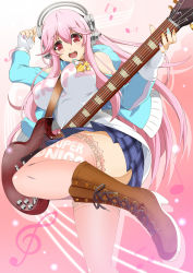 Rule 34 | 1girl, between breasts, blush, boots, breasts, electric guitar, guitar, headphones, highres, instrument, jumping, large breasts, long hair, miyabi (miura105), multicolored nails, nail polish, nitroplus, pink eyes, pink hair, smile, solo, super sonico, thighhighs, treble clef