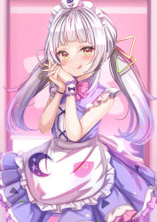 Rule 34 | 1girl, :q, apron, bare arms, blush, brown eyes, closed mouth, commentary, commentary request, dress, frilled apron, frilled dress, frills, gradient hair, hair ornament, highres, hololive, long hair, looking at viewer, maid headdress, multicolored hair, murasaki shion, murasaki shion (magical girl maid), own hands together, purple dress, purple hair, silver hair, sleeveless, sleeveless dress, smile, solo, standing, star (symbol), star hair ornament, symbol-only commentary, tongue, tongue out, twintails, virtual youtuber, white apron, wrist cuffs, yuano