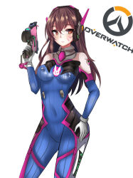 Rule 34 | 1girl, animal print, bad id, bad pixiv id, bodysuit, breasts, brown eyes, brown hair, contrapposto, copyright name, cowboy shot, d.va (overwatch), eyebrows, eyelashes, facial mark, gloves, gun, hair between eyes, hand on own hip, hand up, handgun, headphones, highres, holding, holding gun, holding weapon, long hair, medium breasts, overwatch, overwatch 1, rabbit print, rei-chan, simple background, solo, standing, weapon, whisker markings, white background, white gloves