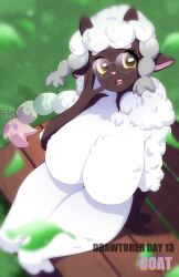 Rule 34 | 1girl, animal ears, animal nose, artist name, blurry, blurry foreground, body fur, braid, braided ponytail, breasts, bright pupils, brown horns, completely nude, creatures (company), dark-skinned female, dark skin, dated, day, english text, falling leaves, female focus, fluffy, from above, furry, furry female, game freak, gen 8 pokemon, gradient hair, grass, hand on own face, hand up, highres, horizontal pupils, horns, huge breasts, inktober, leaf, legs together, long hair, looking at viewer, looking up, multicolored hair, multiple braids, neck fur, nintendo, nude, on bench, open mouth, outdoors, peach-cup, personification, pokemon, pokemon (creature), raised eyebrows, sheep ears, sheep girl, sheep horns, sidelocks, signature, sitting, solo, teeth, thick eyebrows, thick thighs, thighs, tongue, white fur, white pupils, wooloo, yellow eyes