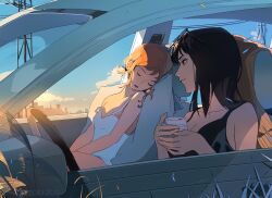 Rule 34 | 2girls, arm tattoo, artist name, black hair, black tank top, blue eyes, blue sky, breasts, car, car interior, cleavage, closed eyes, cloud, cloudy sky, coffee cup, contemporary, cup, day, disposable cup, eyewear on head, from side, glasses, grass, highres, holding, holding cup, light smile, looking at another, marmaladica, medium breasts, medium hair, motor vehicle, multiple girls, nami (one piece), nico robin, one piece, open mouth, orange hair, outdoors, pillow, profile, short hair, signature, sitting, sky, skyline, sleeping, sleeping upright, sleeveless, smile, steering wheel, strap slip, tank top, tattoo, upper body, utility pole, white tank top, wind