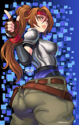 Rule 34 | 1girl, armor, ass, back, bag, belt, boobplate, breastplate, brown eyes, brown hair, cargo pants, covered navel, elbow gloves, final fantasy, final fantasy vii, final fantasy vii remake, fingerless gloves, fishnets, full body, gloves, grey background, headband, highres, jessie rasberry, pants, ponytail, red headband, satchel, shin guards, shoulder armor, solo