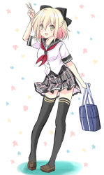 Rule 34 | 1girl, :d, absurdres, arm up, bag, black bow, black sailor collar, black thighhighs, blonde hair, blush, bow, breasts, brown eyes, brown footwear, collarbone, fate/grand order, fate (series), full body, grey skirt, hair between eyes, hair bow, highres, holding, holding bag, koha-ace, loafers, motoi ayumu, okita souji (fate), okita souji (koha-ace), open mouth, plaid, plaid skirt, pleated skirt, sailor collar, school bag, school uniform, serafuku, shirt, shoes, skirt, small breasts, smile, solo, standing, thighhighs, v, white background, white shirt