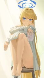 Rule 34 | 1girl, absurdres, alternate costume, doodle sensei (blue archive), ass, bare legs, barefoot, blonde hair, blue archive, blue eyes, blush, cup, feet, fingernails, hair intakes, halo, highres, holding, holding cup, knees up, legs, long sleeves, looking at viewer, mm (mhm2592), nail polish, revision, sensei (blue archive), shirt, sitting, smile, solo, thighs, toenail polish, toenails, toes, toki (blue archive), white shirt