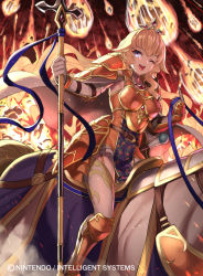 Rule 34 | 1girl, alice (fire emblem), armor, blonde hair, capelet, commentary request, company name, copyright name, fire emblem, fire emblem cipher, gloves, holding, holding staff, horse, horseback riding, kousei horiguchi, long hair, meteor, meteor shower, nintendo, official art, one eye closed, open mouth, purple eyes, riding, solo, staff, white gloves