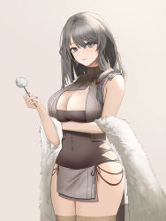 Rule 34 | 1girl, absurdres, azur lane, breasts, charybdis (azur lane), charybdis (red chamber of healing) (azur lane), cleavage, covered navel, feather boa, grey eyes, grey hair, highres, kcar66t, large breasts, long hair, looking at viewer, official alternate costume, pelvic curtain, solo