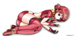 Rule 34 | 1girl, ahoge, armor, ass, basic waifu, boots, breasts, circlet, fingerless gloves, gloves, highres, large breasts, lying, matching hair/eyes, nintendo, on side, parted lips, pyra (xenoblade), red eyes, red hair, shiny skin, short hair, short shorts, shorts, simple background, solo, thigh boots, thighhighs, white background, xeno (series), xenoblade chronicles (series), xenoblade chronicles 2