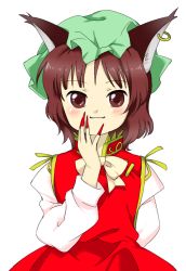 Rule 34 | 1girl, animal ears, blush, bonnet, bow, bowtie, brown eyes, brown hair, cat ears, chen, closed mouth, dress, earrings, fingernails, green hat, hand on own chin, hat, jewelry, long fingernails, long sleeves, looking at viewer, matching hair/eyes, mob cap, nail polish, nonamejd, official style, red dress, red nails, sharp fingernails, short hair, simple background, single earring, sleeveless, sleeveless dress, smile, solo, touhou, upper body, white background, white bow, white bowtie, zun (style)
