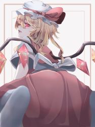 Rule 34 | 1girl, ass, blonde hair, crystal, dress, fang, flandre scarlet, from behind, hair ribbon, hat, highres, kneeling, looking back, mob cap, open mouth, ornament, red dress, red eyes, ribbon, simple background, socks, touhou, tsune (tune), wings