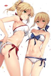 Rule 34 | 2girls, armpit peek, arms behind back, artoria pendragon (all), artoria pendragon (fate), ass, bare arms, bare shoulders, beads, bikini, blonde hair, blue bow, blue ribbon, blush, bow, bow bikini, braid, breasts, collarbone, cowboy shot, fate/apocrypha, fate/stay night, fate (series), french braid, from below, gluteal fold, green eyes, grin, groin, hair beads, hair ornament, hair ribbon, hand under clothes, highres, long hair, looking at viewer, looking down, medium breasts, mordred (fate), mordred (fate/apocrypha), multiple girls, navel, neck ribbon, petals, ponytail, red bow, ribbon, saber (fate), side-tie bikini bottom, smile, stomach, swimsuit, white background, white bikini, yuran