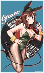 Rule 34 | 1girl, absurdres, animal ears, artist name, black pantyhose, blue background, blush, breasts, brown eyes, brown hair, character name, cleavage, closed mouth, covered navel, fake animal ears, grace maitland steward, green leotard, hat, high heels, highres, hiroshi (hunter-of-kct), large breasts, leotard, long hair, luminous witches, military hat, one eye closed, pantyhose, playboy bunny, rabbit ears, record, shiny skin, simple background, smile, solo, world witches series