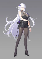 Rule 34 | 1girl, azur lane, bare shoulders, black footwear, black skirt, blush, breasts, cleavage, cleavage cutout, clothing cutout, copyright request, flower, high heels, highres, long hair, looking at viewer, pantyhose, purple eyes, purple flower, sidelocks, skirt, sleeveless, solo, swd3e2, wristband