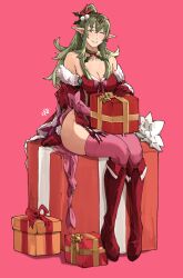 Rule 34 | 1girl, absurdres, alternate costume, bare shoulders, breasts, christmas, cleavage, commentary, dress, english commentary, fire emblem, fire emblem awakening, full body, gift, gloves, green eyes, green hair, hair ornament, highres, holding, holding gift, jewelry, large breasts, legs together, long hair, looking at viewer, nintendo, one eye closed, pointy ears, ponytail, ribbon, sakuremi, sitting, smile, solo, thighhighs, tiara, tiki (adult) (fire emblem), tiki (fire emblem)