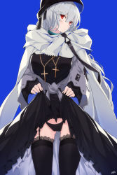 Rule 34 | 1girl, arknights, black dress, black headwear, black panties, black thighhighs, blue background, choker, clothes lift, commentary request, cowboy shot, cross, dress, dress lift, female focus, garter straps, highres, jewelry, lifted by self, long hair, long sleeves, looking at viewer, mag (mag42), necklace, official alternate costume, panties, red eyes, scarf, silver hair, simple background, solo, specter (arknights), specter (undercurrent) (arknights), standing, thighhighs, underwear, very long hair
