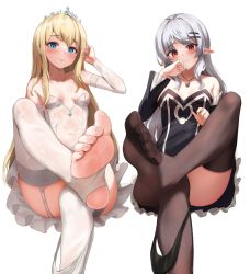 Rule 34 | 2girls, 3:, arm up, arm warmers, ass, bare shoulders, black dress, black panties, blonde hair, blue eyes, breasts, brown thighhighs, closed mouth, collarbone, commission, convenient leg, covered navel, detached sleeves, dress, feet, foreshortening, garter straps, hair ornament, hairclip, highres, jewelry, leg up, leotard, long hair, long sleeves, looking at viewer, medium breasts, multiple girls, necklace, original, panties, panties around leg, pharamacom, pointy ears, red eyes, second-party source, short dress, simple background, sitting, smile, stirrup legwear, strapless, strapless leotard, thighhighs, tiara, toeless legwear, toes, underwear, white background, white hair, white panties, white thighhighs